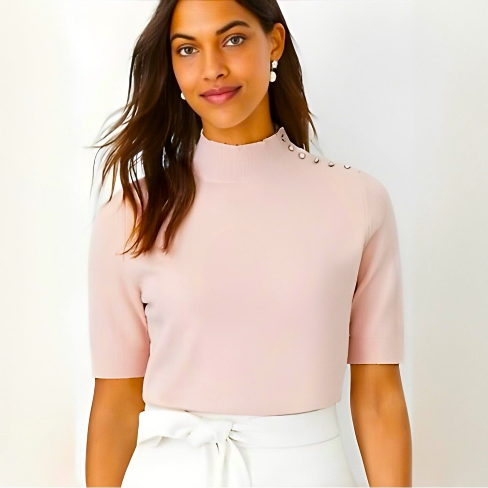 Ann Taylor Crystal Button Essential Mock Neck Sweater